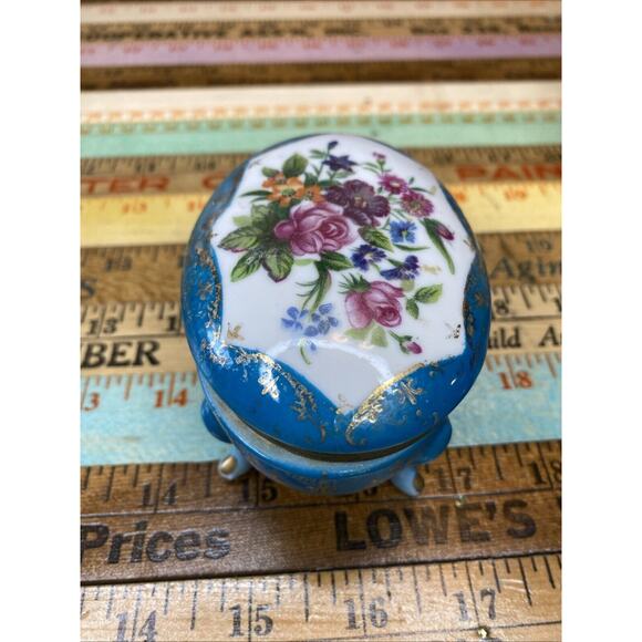 Vintage Norleans Trinket Box Blue Gold Foral Footed 1950's Japan Hinged MCM - Picture 7 of 10